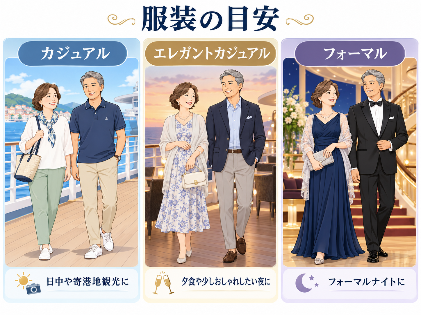 クルーズ船の服装の目安 カジュアル・エレガントカジュアル・フォーマル